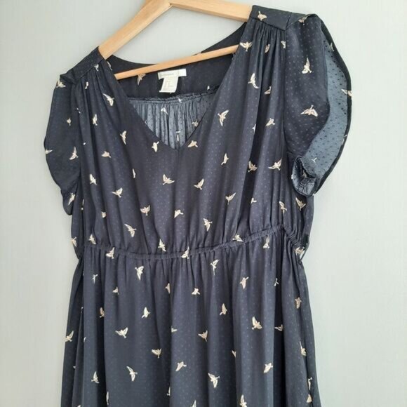H&M MAMA Maternity Frilled-Sleeve Bird Print Navy Light Dress Sz M - Picture 7 of 13